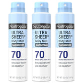 Neutrogena Ultra Sheer Body Mist Sunscreen Spray, Broad Spectrum SPF 70, Lightweight Spray Sunscreen, Non-Greasy & Water Resistant, Oil-Free & Non-Comedogenic UVA/UVB, 5 oz, Pack of 3