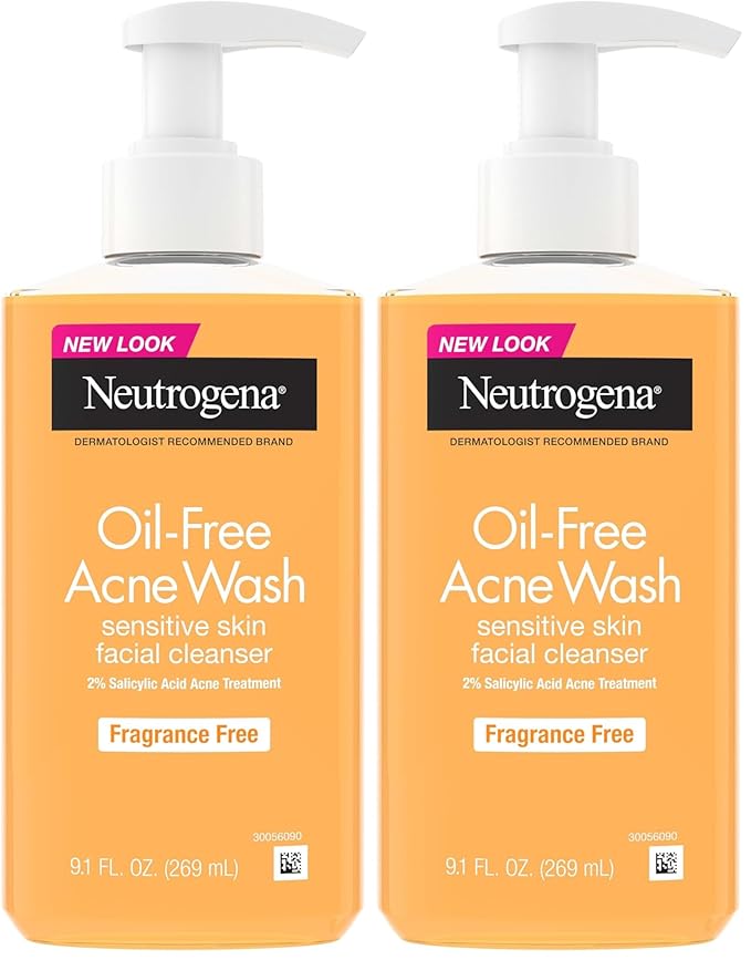 Neutrogena Oil-Free Acne Face Wash, Fragrance Free, Sensitive Skin Facial Cleanser with 2% Salicylic Acid Acne Treatment for Face, 9.1 Fl Oz,(Pack of 2)