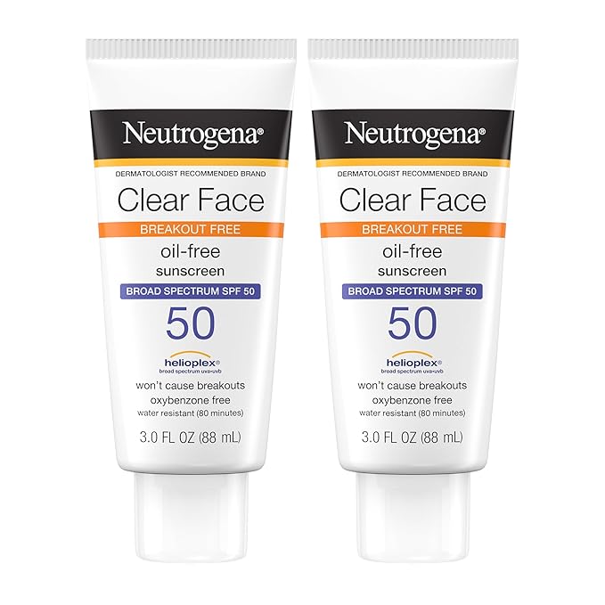 Neutrogena Clear Face Sunscreen Lotion for Acne-Prone Skin, Broad Spectrum SPF 50 Facial Sunscreen for Oily Skin, Oil-, Fragrance- & Oxybenzone-Free Water Resistant Sunscreen, Twin Pack, 2 x 3 fl. oz