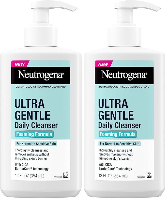Neutrogena Ultra Gentle Foaming Facial Cleanser, Foaming Face Wash for Sensitive Skin, Gently Cleanses Away Dirt, Oil & Makeup Without Over Drying, Fragrance-Free, 12 fl. oz (Pack of 2)