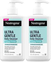 Neutrogena Ultra Gentle Foaming Facial Cleanser, Foaming Face Wash for Sensitive Skin, Gently Cleanses Away Dirt, Oil & Makeup Without Over Drying, Fragrance-Free, 12 fl. oz (Pack of 2)